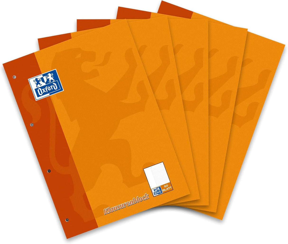 OXFORD Klausurenblock Schule 5er Pack A4 liniert weißer Rand links 50 Blatt gelocht mit Namens-Feld orange