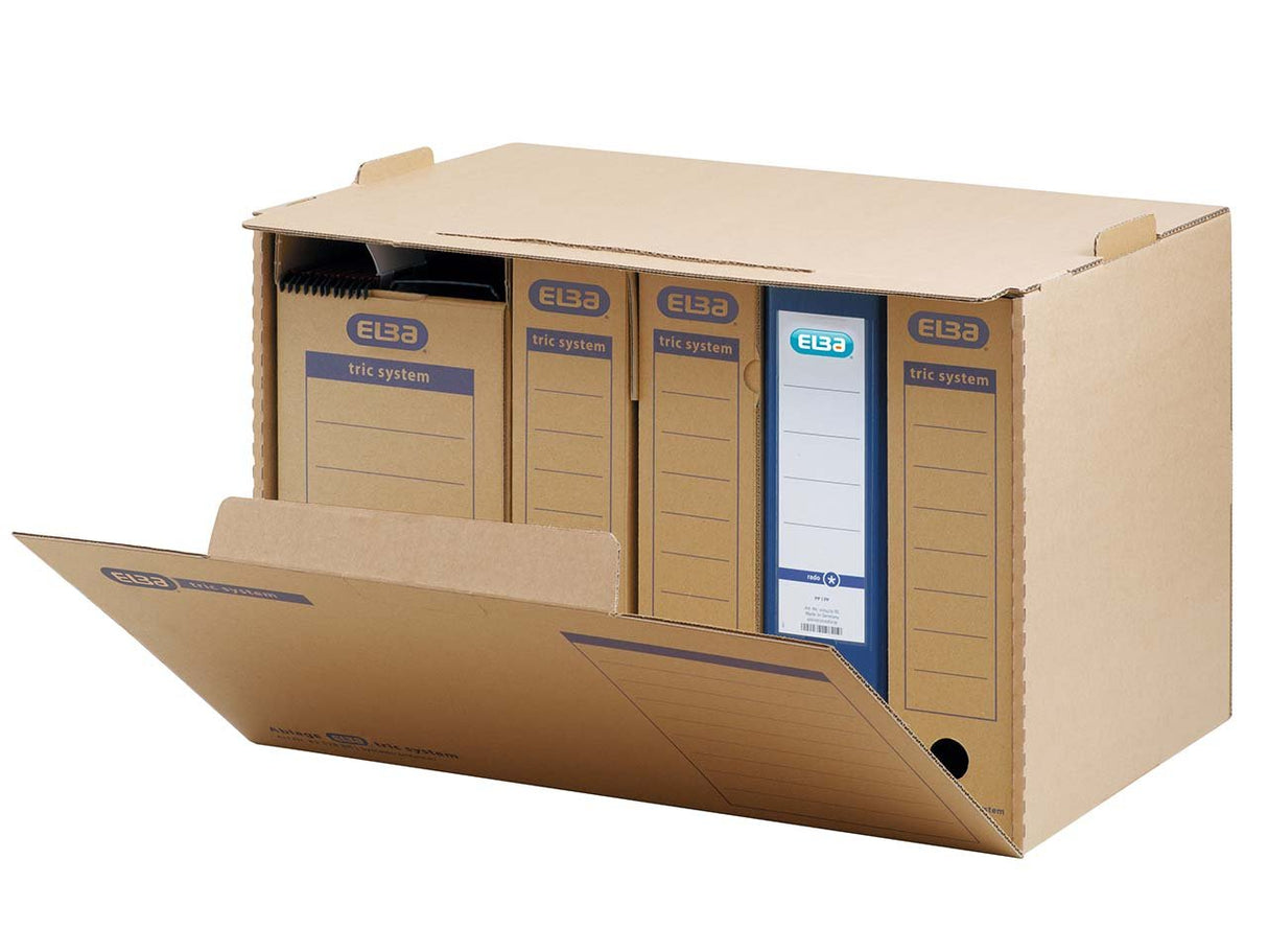 ELBA Archivbox "tric system", mit Verschlusslasche, Archivaufdruck und Griffloch, allseitig geschlossen, aus stabiler Wellpappe, für DIN A4, naturbraun