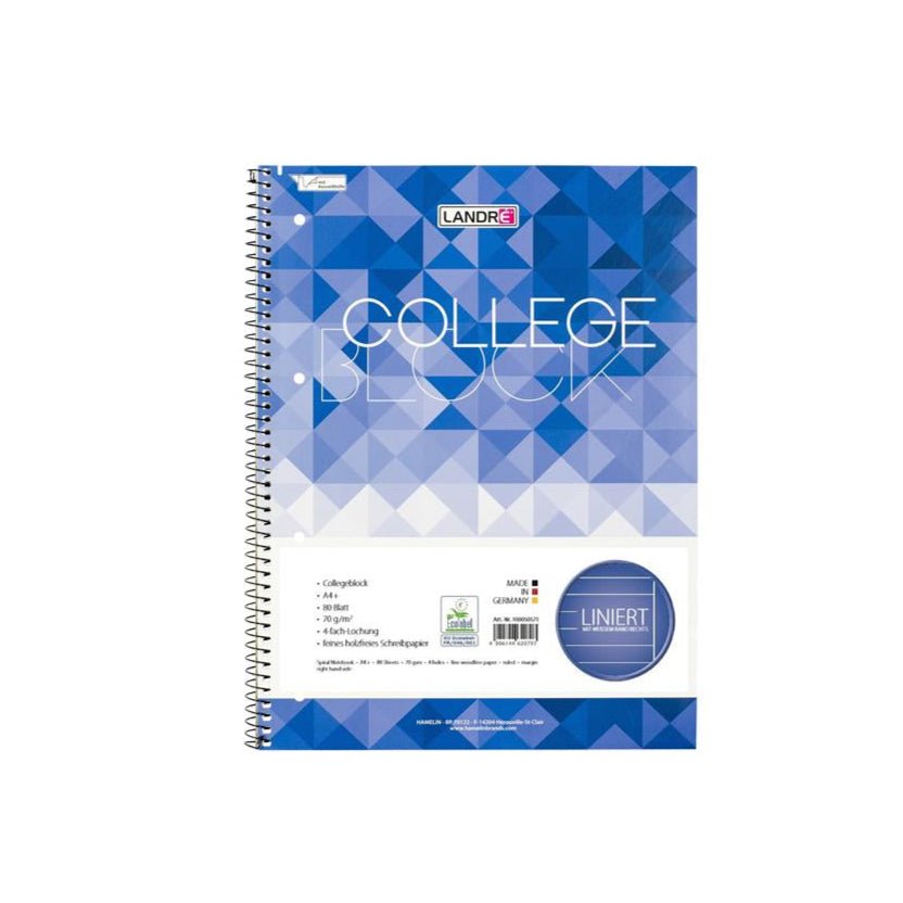LANDRÉ Collegeblock "College" | A4 Abriss | 80 Blatt | 70 g/m² | 4-fach gelocht | liniert mit Rand rechts