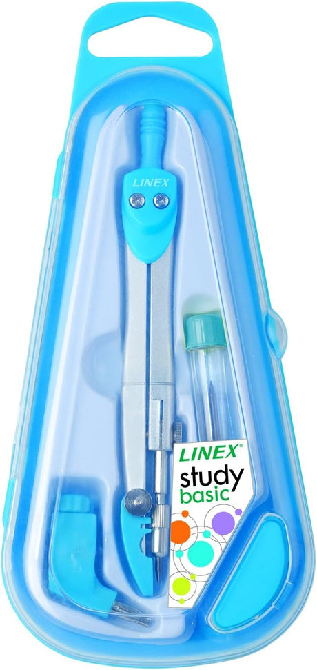 LINEX Schulzirkel-Set, Schenkelmaß 120 mm, mit zusätzlichen Minen, Schutzkappe, Stifthalter zum Einspannen von Blei- oder Buntstiften, in fester Box, Karton mit 12 Stck. sortiert in 4 Farben