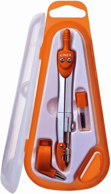 LINEX Schulzirkel-Set, Schenkelmaß 120 mm, mit zusätzlichen Minen, Schutzkappe, Stifthalter zum Einspannen von Blei- oder Buntstiften, in fester Box, Karton mit 12 Stck. sortiert in 4 Farben