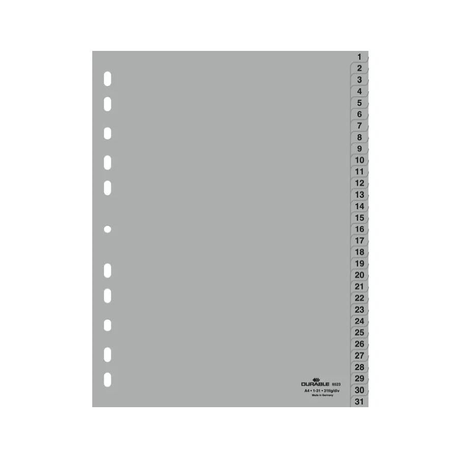 Ordnerregister A4 in Aufteilung 1 bis 31 | aus Kunststoff | Eurolochung | grau