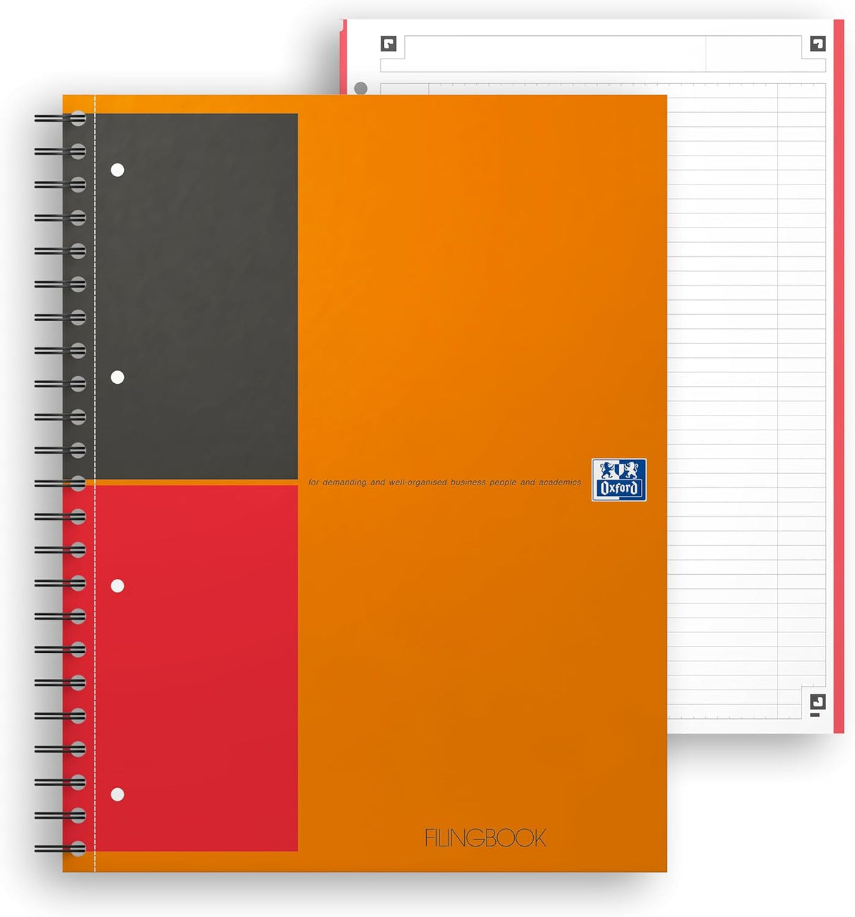 OXFORD International Filingbook A4+, liniert 6 mm, 100 Blatt, 80 g/m², 4fach gelocht, mit extra starkem Deckel und 3 versetzbaren Registern, 5er-Packung