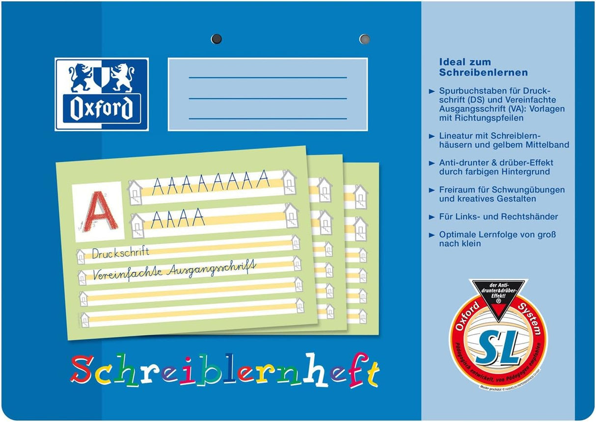 OXFORD Schule Schreiblernheft A4 quer, 16 Blatt, Lineatur SL, Optik Paper®, 2fach gelocht - verschiedene Ausführungen