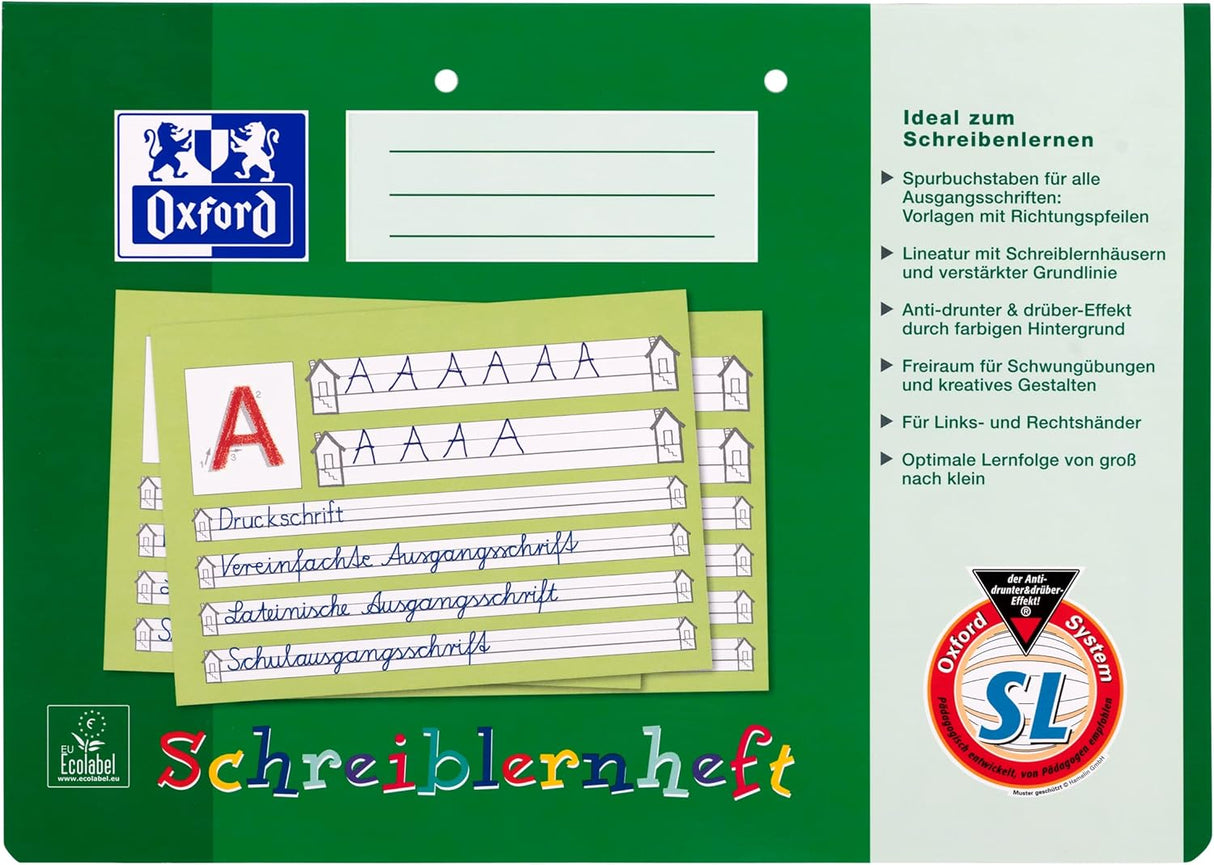 OXFORD Schule Schreiblernheft A4 quer, 16 Blatt, Lineatur SL, Optik Paper®, 2fach gelocht - verschiedene Ausführungen