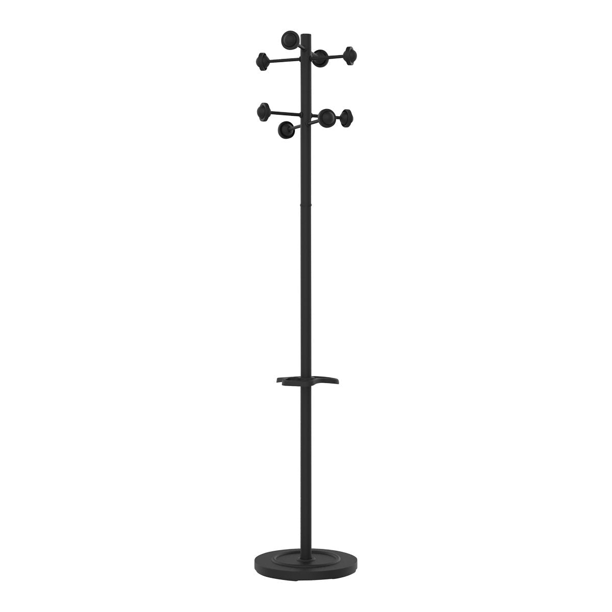 Unilux ACCUEIL Garderobenständer schwarz, 8 Kleiderhaken, drehbarer Kopf, Schirmhalter, 175 cm hoch, 34 cm Durchmesser, Montage ohne Werkzeug